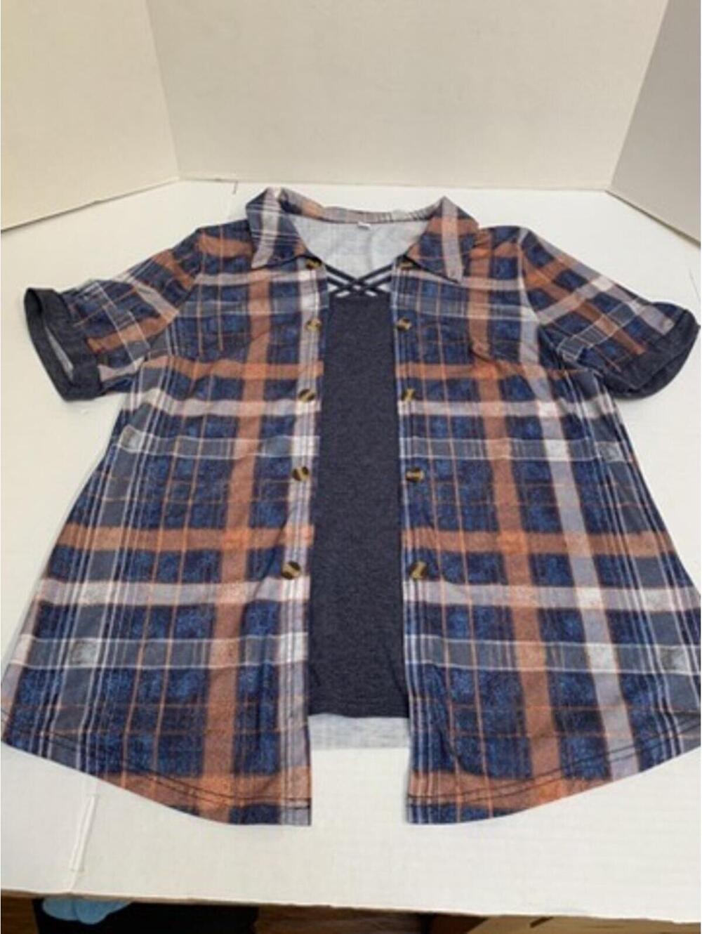 NWOT Womans XL Layered One Piece Blue Peach Plaid Shirt Top Blouse